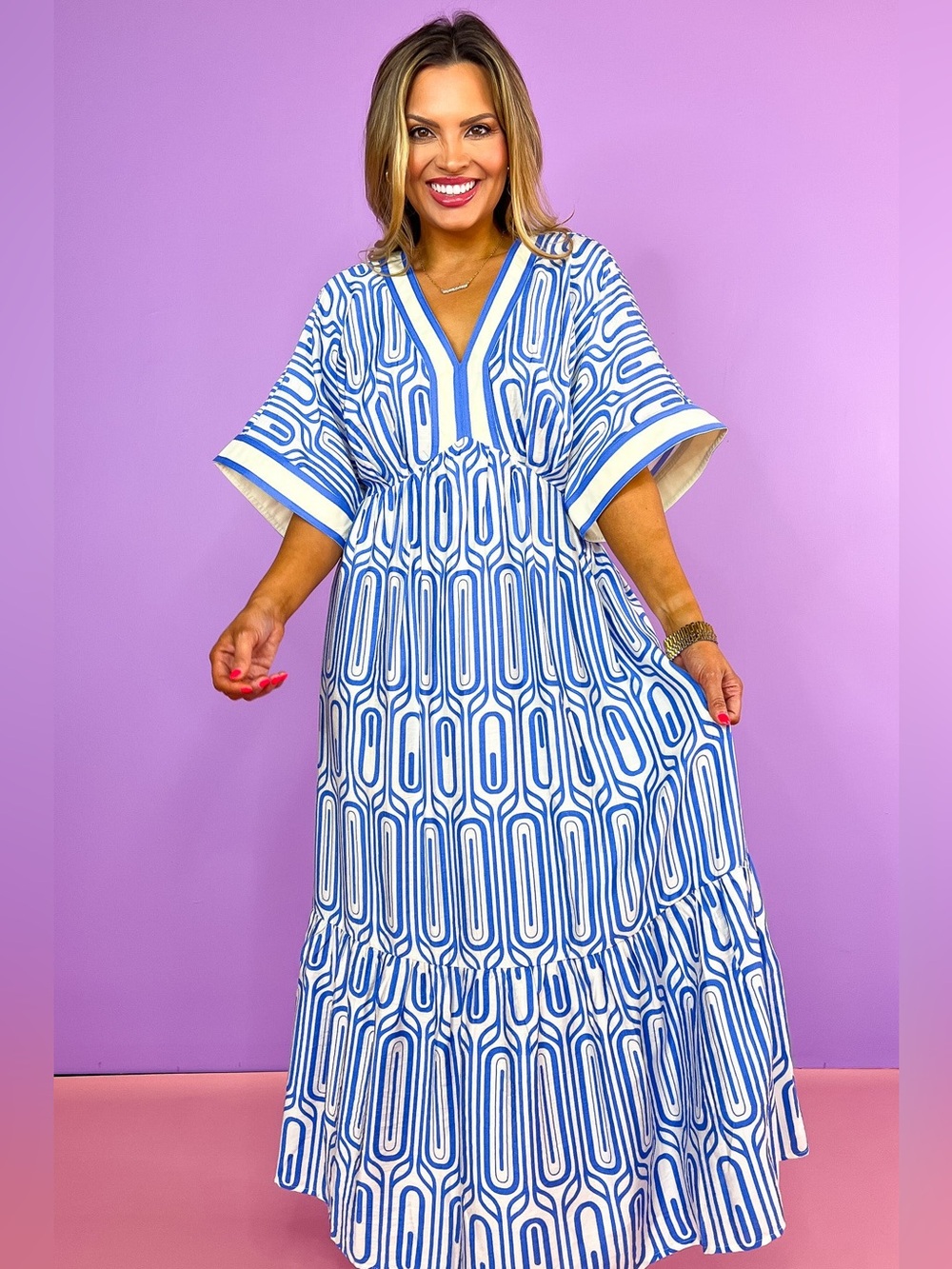 Entro Blue White Geometric Print V Neck Maxi Dress Kentucky Greek Isles Medium